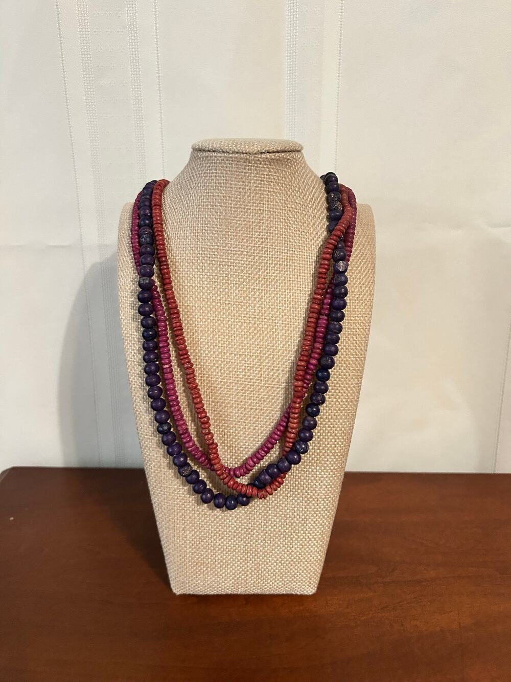 Vintage 28" 3 Strand Natural Wood Bead Necklace Layered Boho Statement